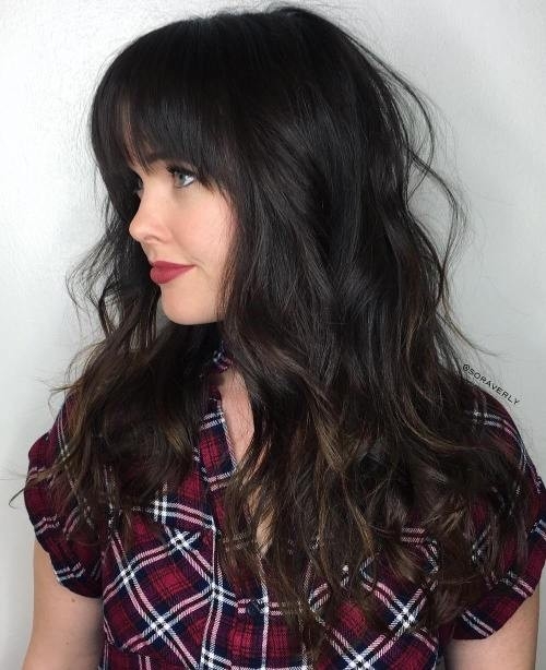 Dark Chocolate Balayage Hairstyle with Bangs